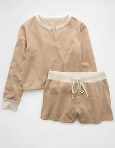 American Eagle AE Waffle Plush PJ Set in Tan